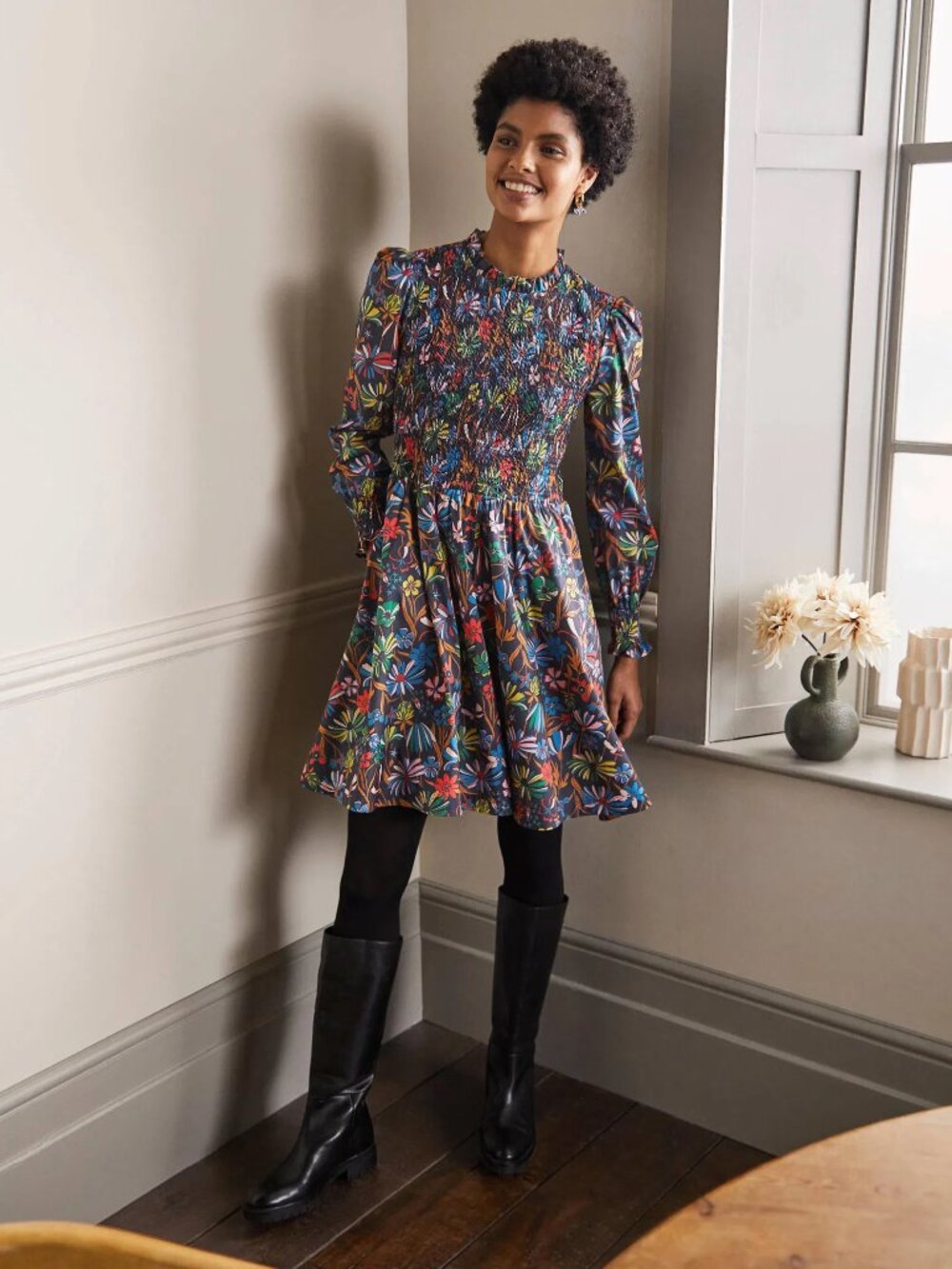 Boden Frill Neck Smocked Dress